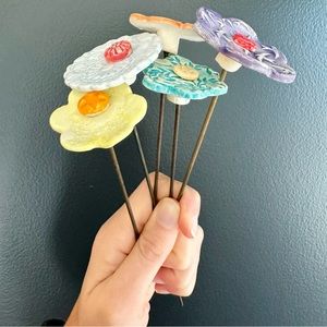 Handmade Set of 5 Art Pottery Flowers on Metal Stems